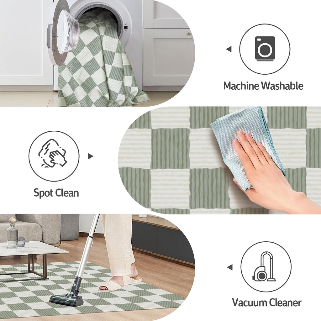 Washable Hallway Runner Rug Sage Green Rug Checkered Geometry Neutral Line Non-Slip Soft Long Carpet Kitchen