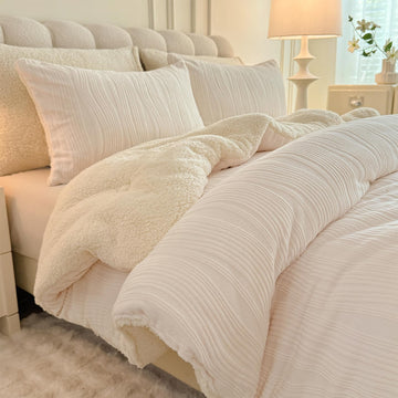 3D Striped Jacquard Sherpa Comforter Set, Geometric Pattern Boho Quilt Bedding 3 Pieces Warm Cozy Fuzzy
