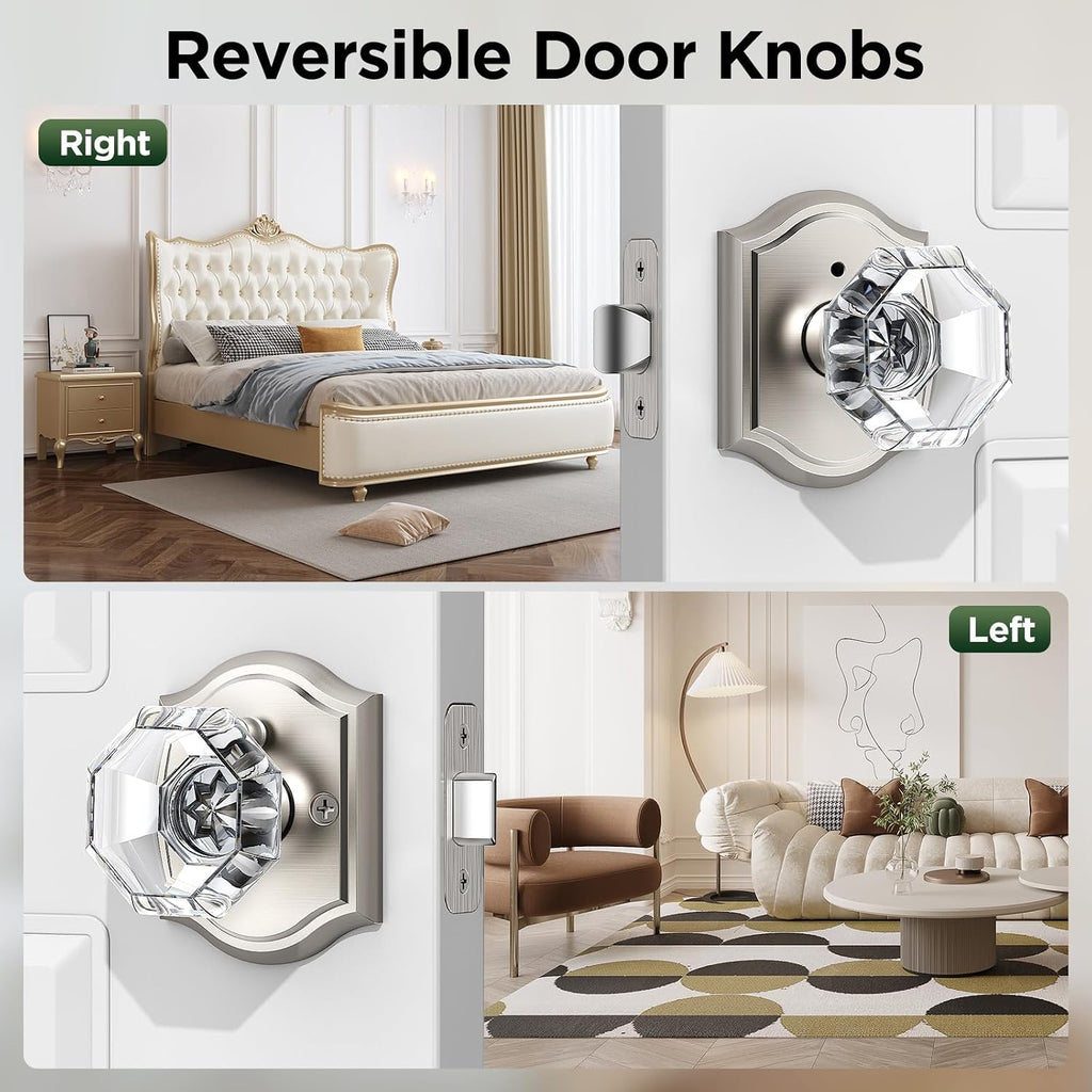 3 Pack Glass Door Knob, Octagon Shaped Crystal Door Knobs with Lock, Satin Nickel Door Knobs Interior Glass