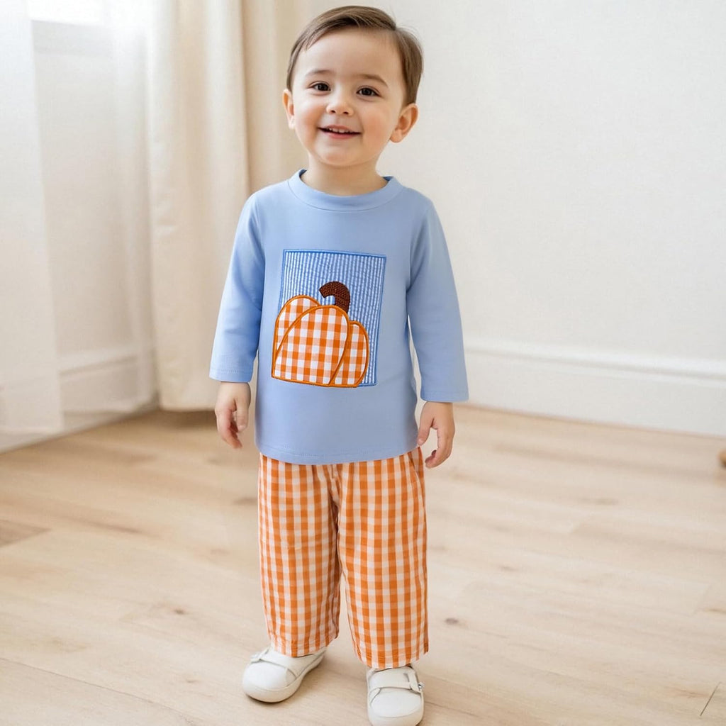 Toddler Baby Boy Fall Clothes Embroidery Shirt Top Elastic Waist Plaid Pants Set Trendy 2 Piece Outfit