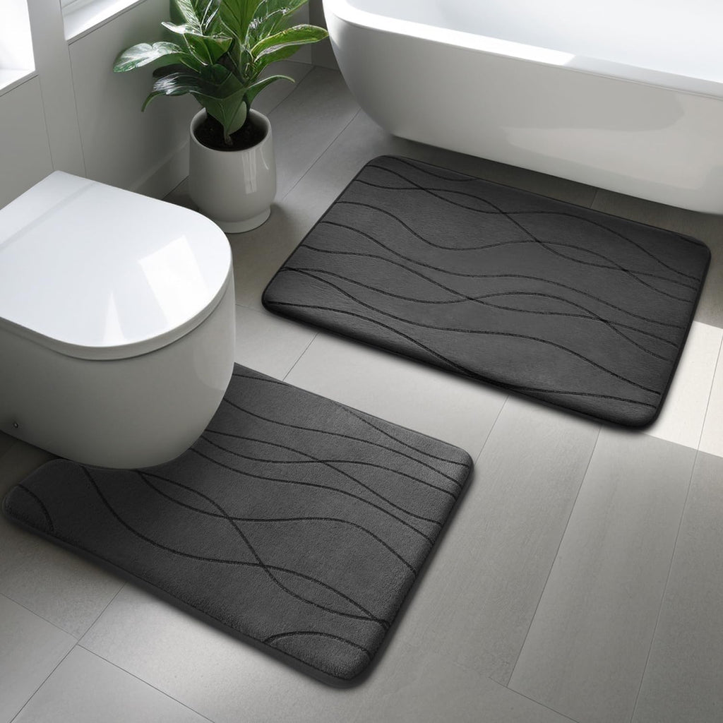 Bathroom Rugs Set 2 Piece, Memory Foam Bath Mat Dark Grey | U Shaped+Small Mat, Ultra Soft, Absorbent, Non-Slip