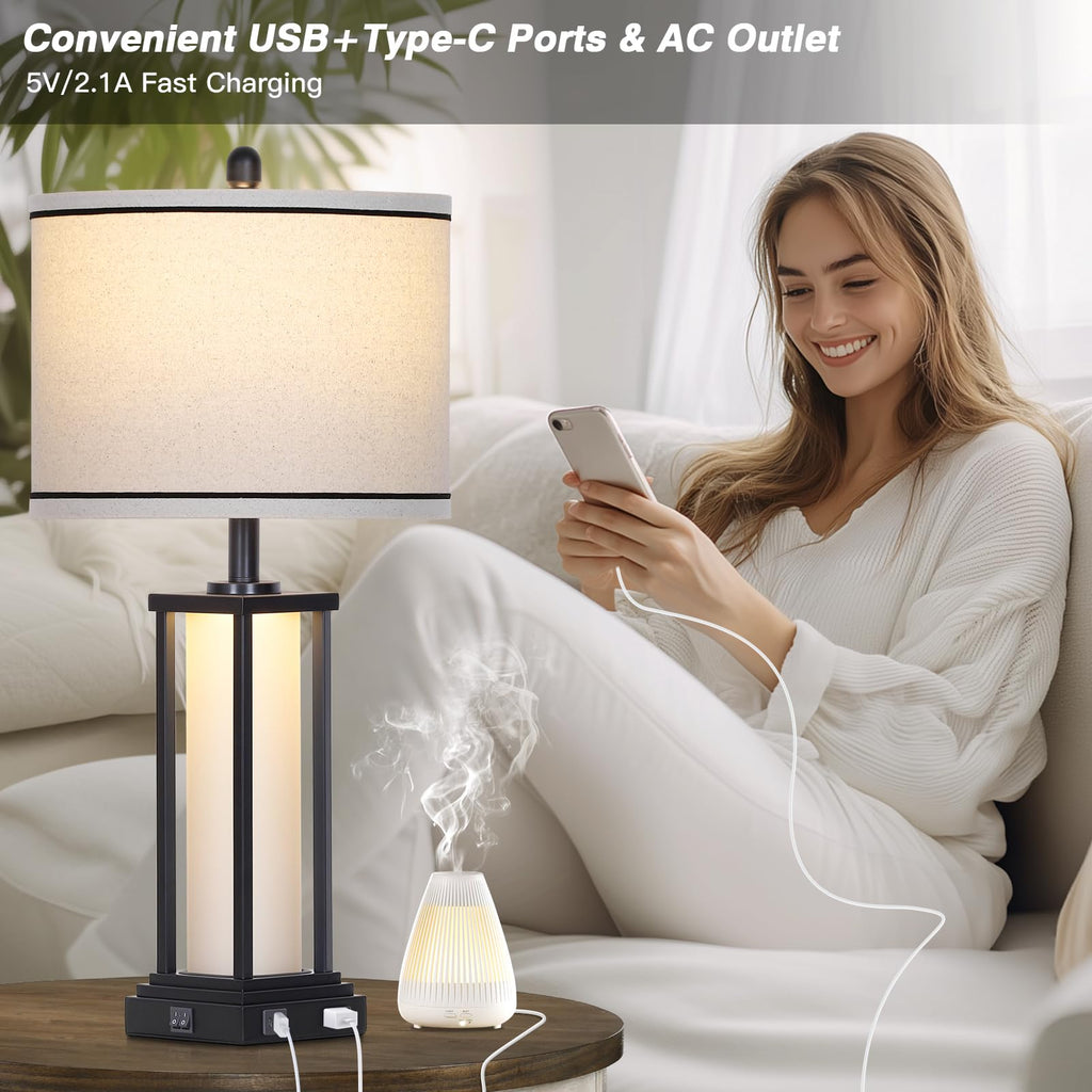 27" Tall Vintage Table Lamp Set of 2 with USB C+A & Outlet, Black Industrial End Table Lamp, Farmhouse Rustic Bedside
