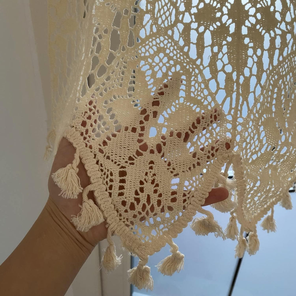 Boho Valance Farmhouse Crochet Curtain Tier Beige Cotton Lace 35x15 Inch