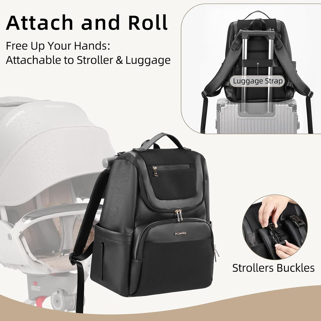 Large Leather Diaper Bag Backpack, Baby Travel Bag with Changing Pad, Insulated Pockets, Stroller Straps and Pacifier