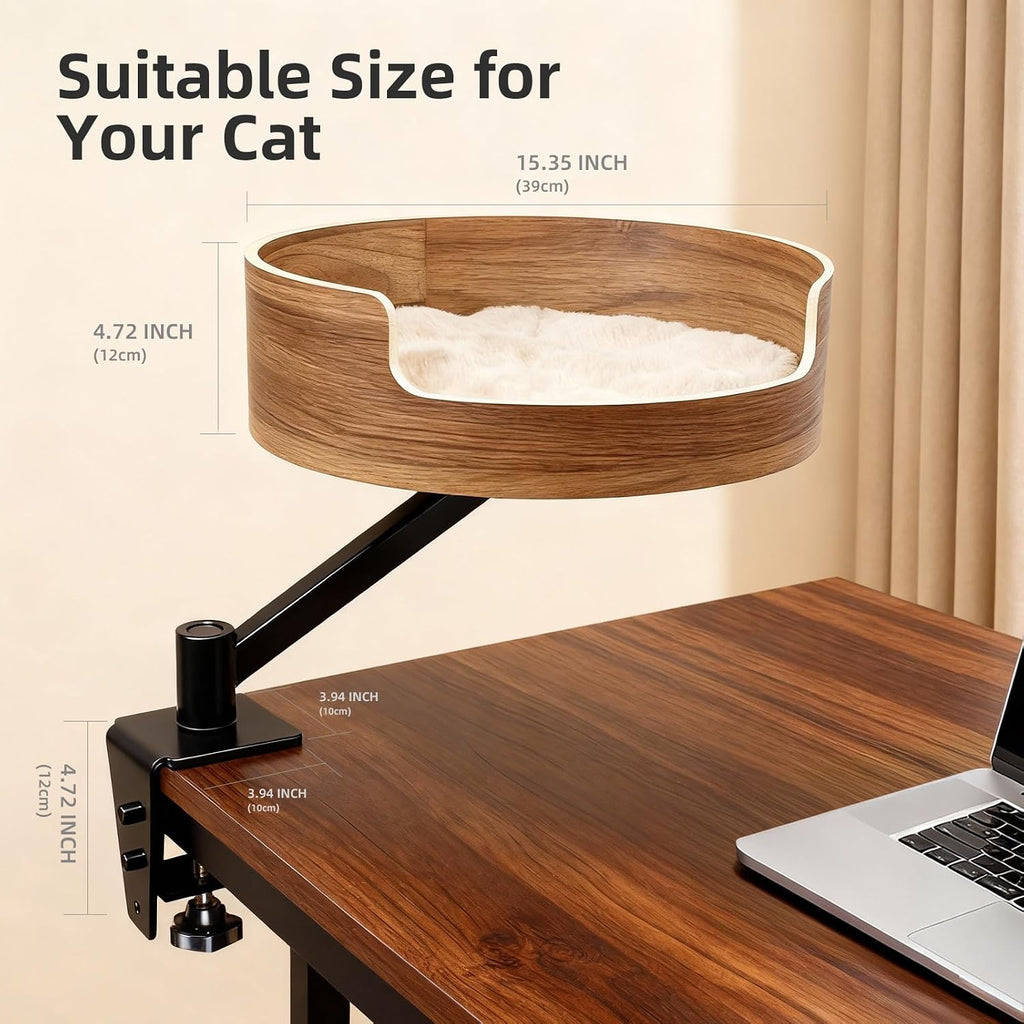 Desk Cat Bed, Elevated Cat Bed for Desk, Space-Saving Cat Hammock, Stable & Comfortable Perch for Indoor Cats, Walnut