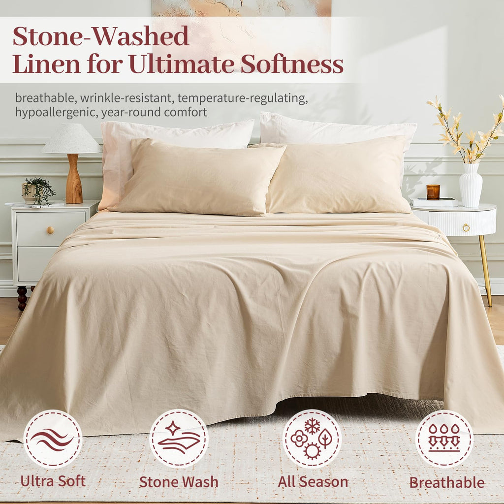 Stone Washed Linen Sheets, 4 Pcs, 16" Deep Pocket