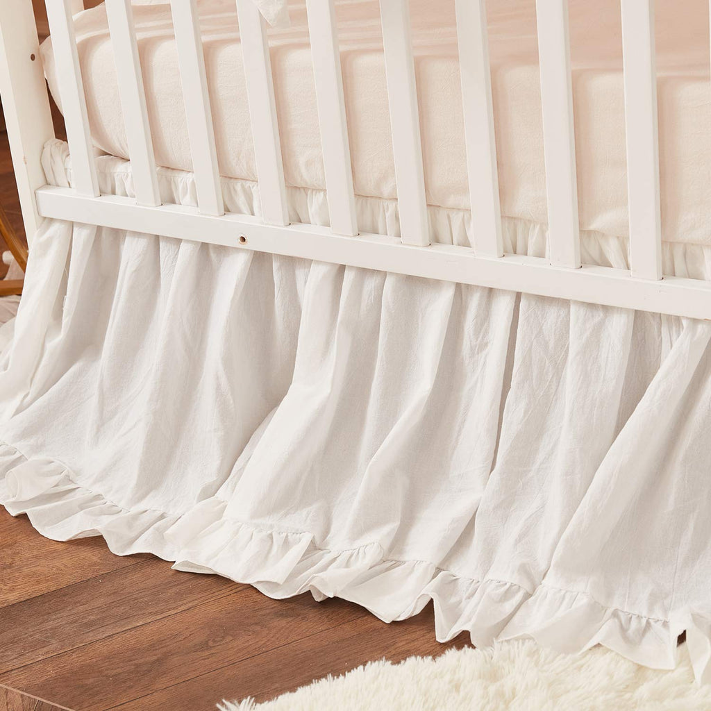 Boho Bohemian Girl Baby Nursery Crib Bed Skirt Dust Ruffle - Neutral Solid Color Beige Cream Off White Farmhouse Chic