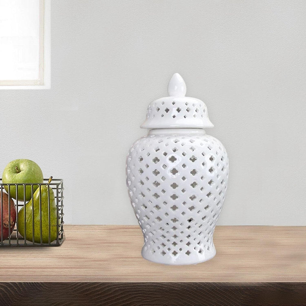 Ceramic Ginger Jar Display Lattice Hollow Vase Temple Storage Handicraft Ornament for Desktop Office Countertop Decor