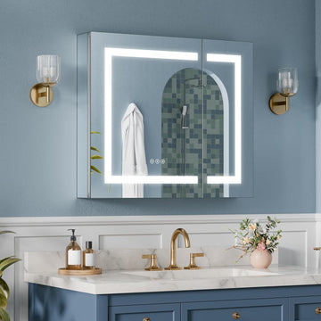Upgraded Tempered-Mirror Medicine Cabinet with Lights 24x26 inch, Plug-in or Hardwired, Anti-Fog/3 Colors/Dimmable