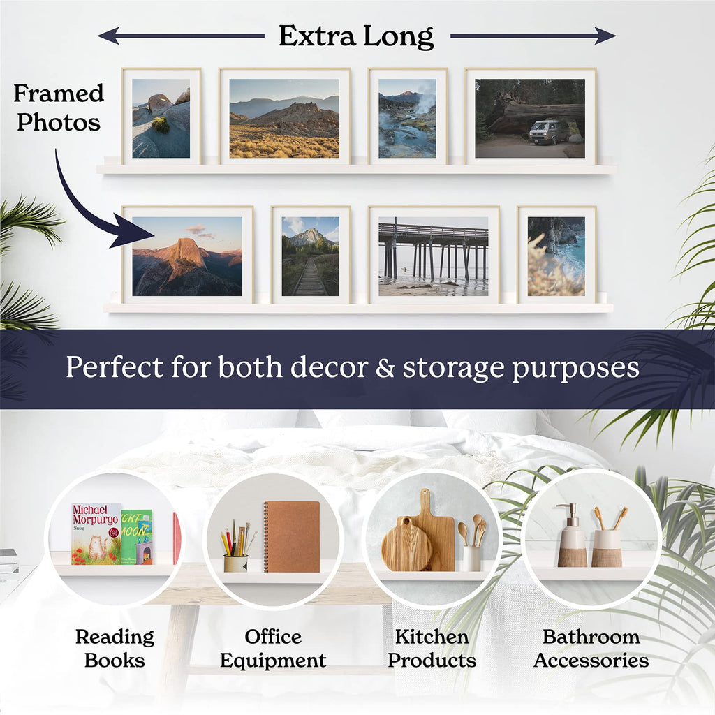Picture Ledge Shelf for Wall [White, 60 Inch, 2 Pack] Narrow Floating Photo and Picture Shelves. Wooden Displaying