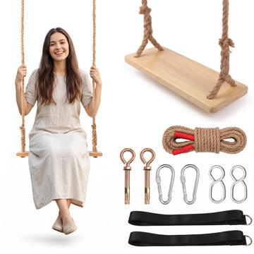 Solid Wood Tree Swing - 500 lbs Capacity Heavy Duty Adult-Sized Swing Seat with 118" Adjustable Hemp Rope & Complete