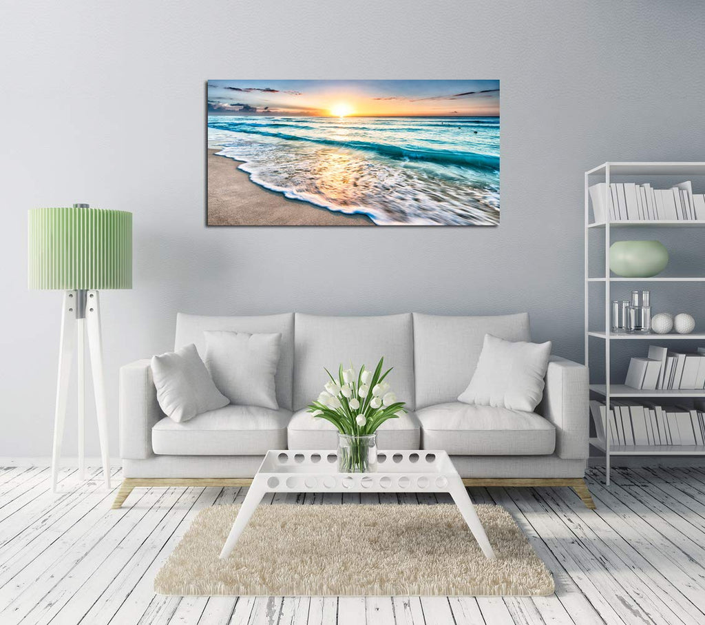 Canvas Prints Wall Art Beach Sunset Ocean Waves Nature Pictures Stretched Canvas Wooden Framed Bedroom and