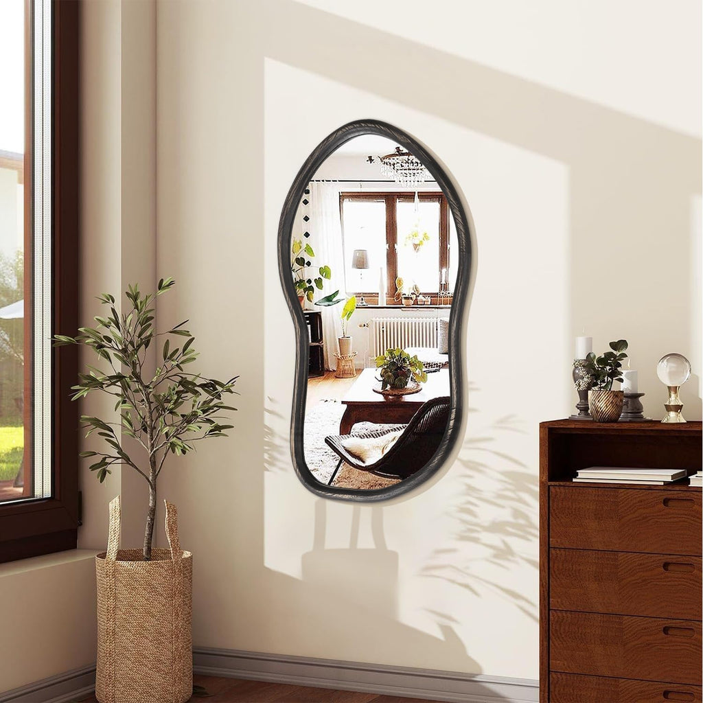 Asymmetrical Wood Mirror Irregular Wall Mirror Large Bathroom Mirror for Over Sink Rustic Black Wall Mounted Mirror