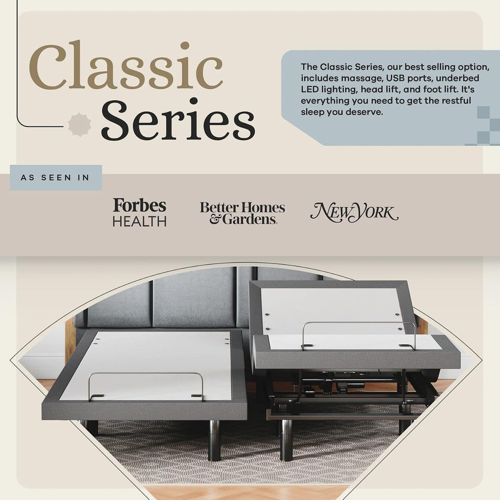 Classic Adjustable Bed Base, Head and Foot Lift, Massage, Under-Bed Lights, USB, Memory, Zero Gravity Smart Frame