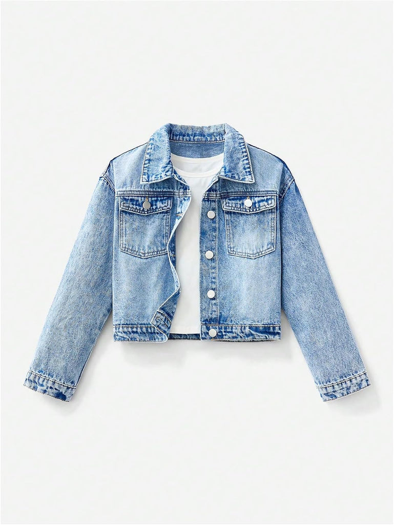 Girl's Denim Jacket Button Down Long Sleeve Jean Outerwear Coat Streetwear