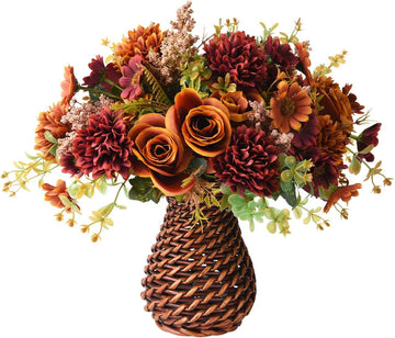 Fall Artificial Faux Flowers in Vase Fake Silk Rose Bouquets Indoor Decor - Set of 4