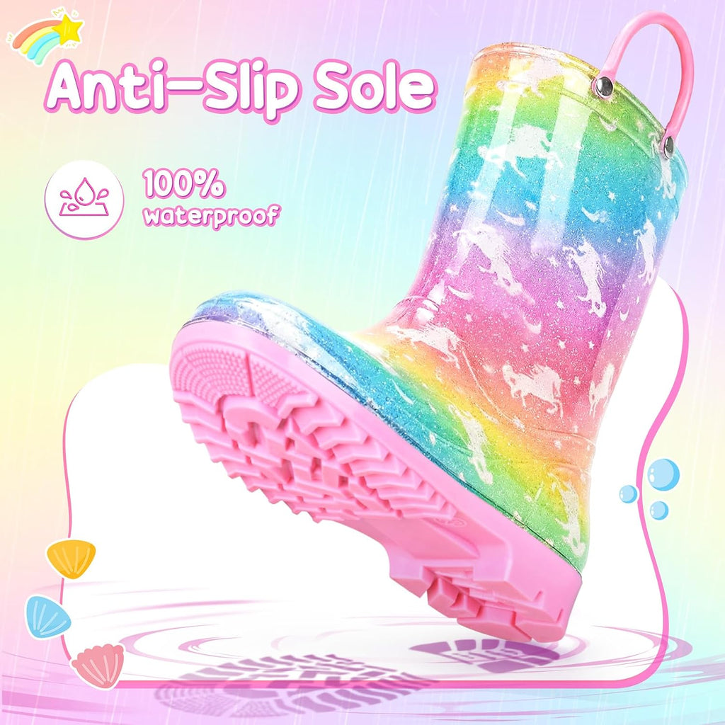 Girls Rain Boots Kids Rain Boots Rainbow Unicorn Mermaid Rainboots Toddler Glitter Waterproof Lightweight Easy-on