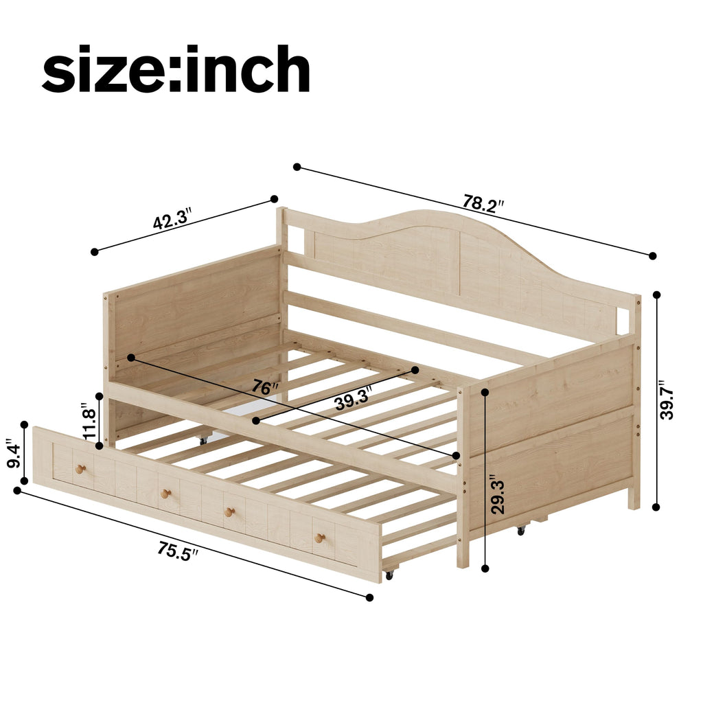 Twin Size Wood Daybed with Trundle, Mid-Century Modern Daybed with Curved Headboard, Twin Trundle Bed with Wood Slat