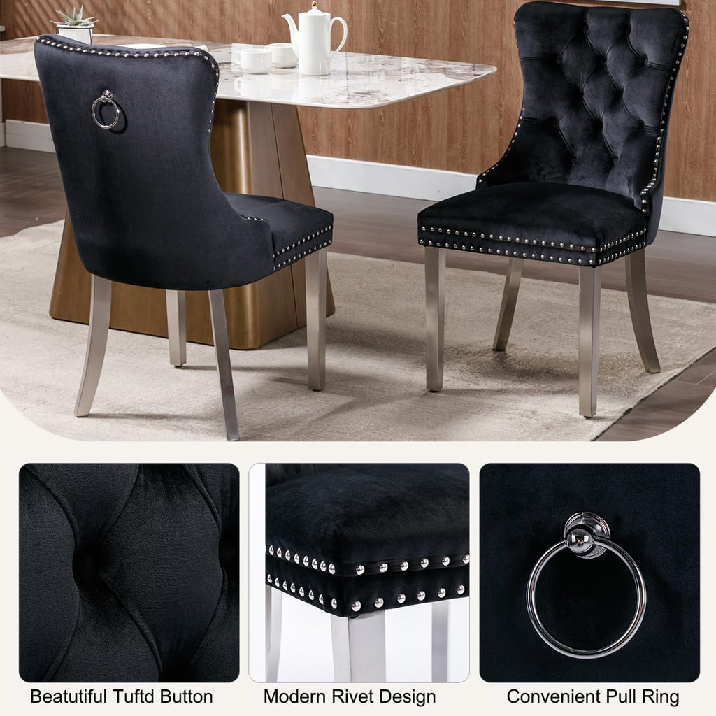 7-Piece Round Glass Dining Table Set for 6, 47" Circle Kitchen Table with 6 Black Velvet Chairs Modern Silver Glass