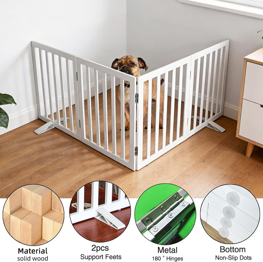 Freestanding Indoor Dog Gate Foldable Wood White Puppy Gate for Doorways Pet Gate for Stairs Extra Wide Pet Fence 24"