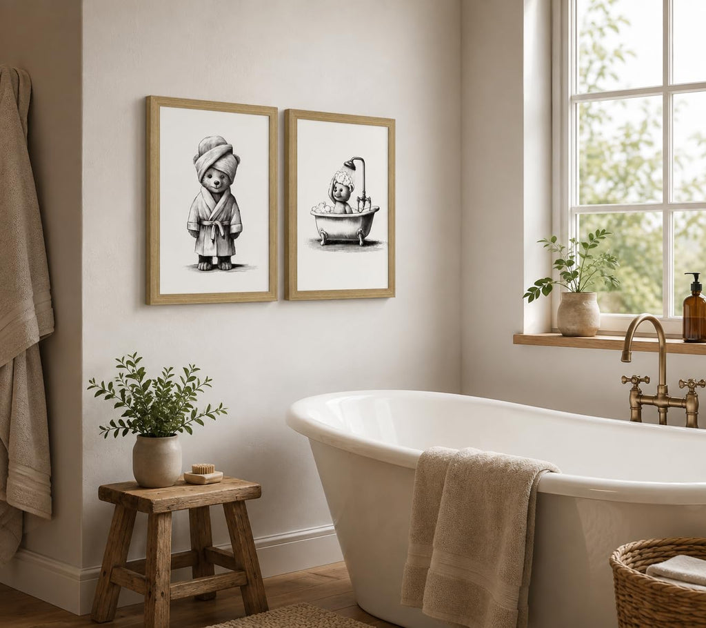 2Pc Framed Bathroom Wall Art Cute Bear Bath Canvas 16x24 Decor