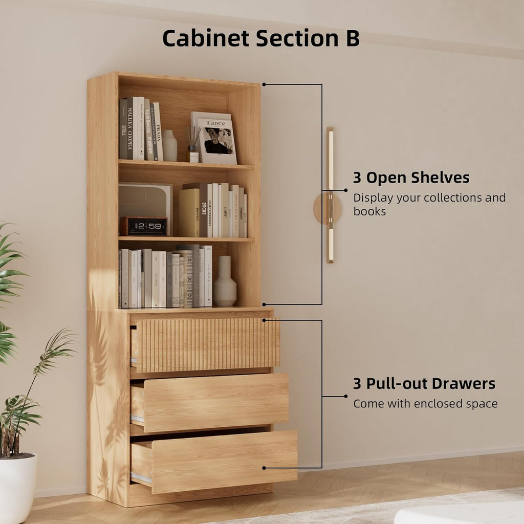 Tall Bookcase with Glass Doors and Drawers,71'' Wooden Bookshelf with Storage,Display Cabinet ,Set of 2 (A+B)