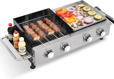 4-Burner Propane Gas Grill and Flat Top Griddle Combo, Stainless Steel Griddle with Cast Iron Grates, Side Shelf and Grease Management for Outdoor BBQ