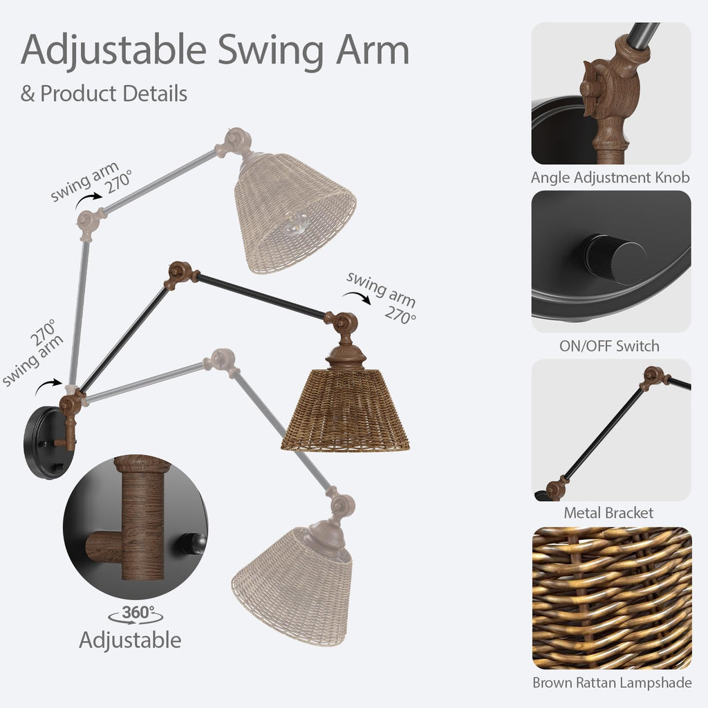 Plug in Wall Sconces Set of Two, Black Walnut Swing Arm Wall Lamp with 6.6FT Plug-in Cord and Knob Switch, Rattan