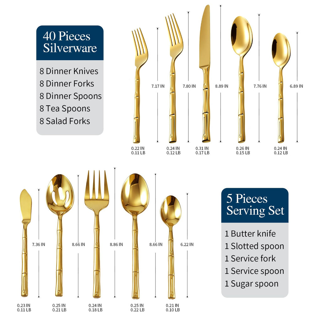 Gold Silverware Set 45-Piece Bamboo Pattern Service for 8