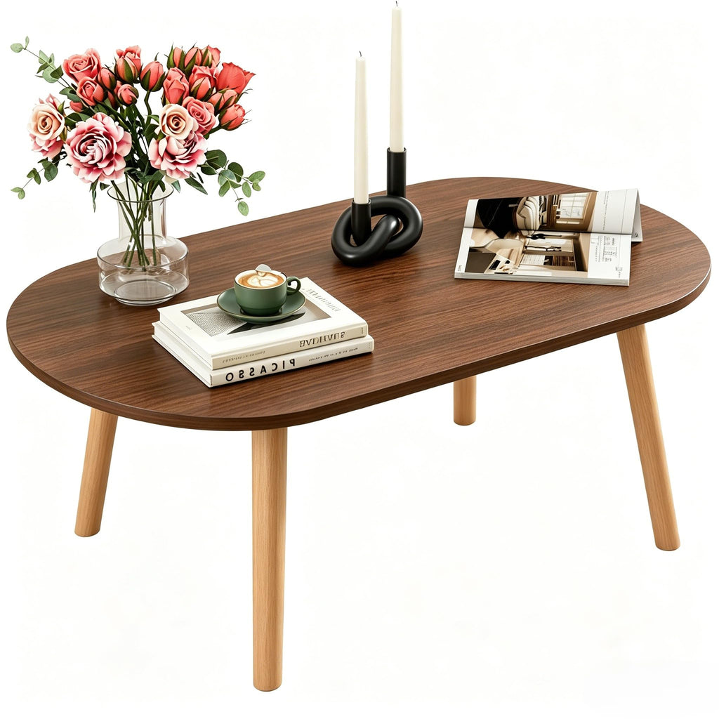 Coffee Table, 31.5" Oval Low Coffee Tables with Solid Wood Legs Walnut