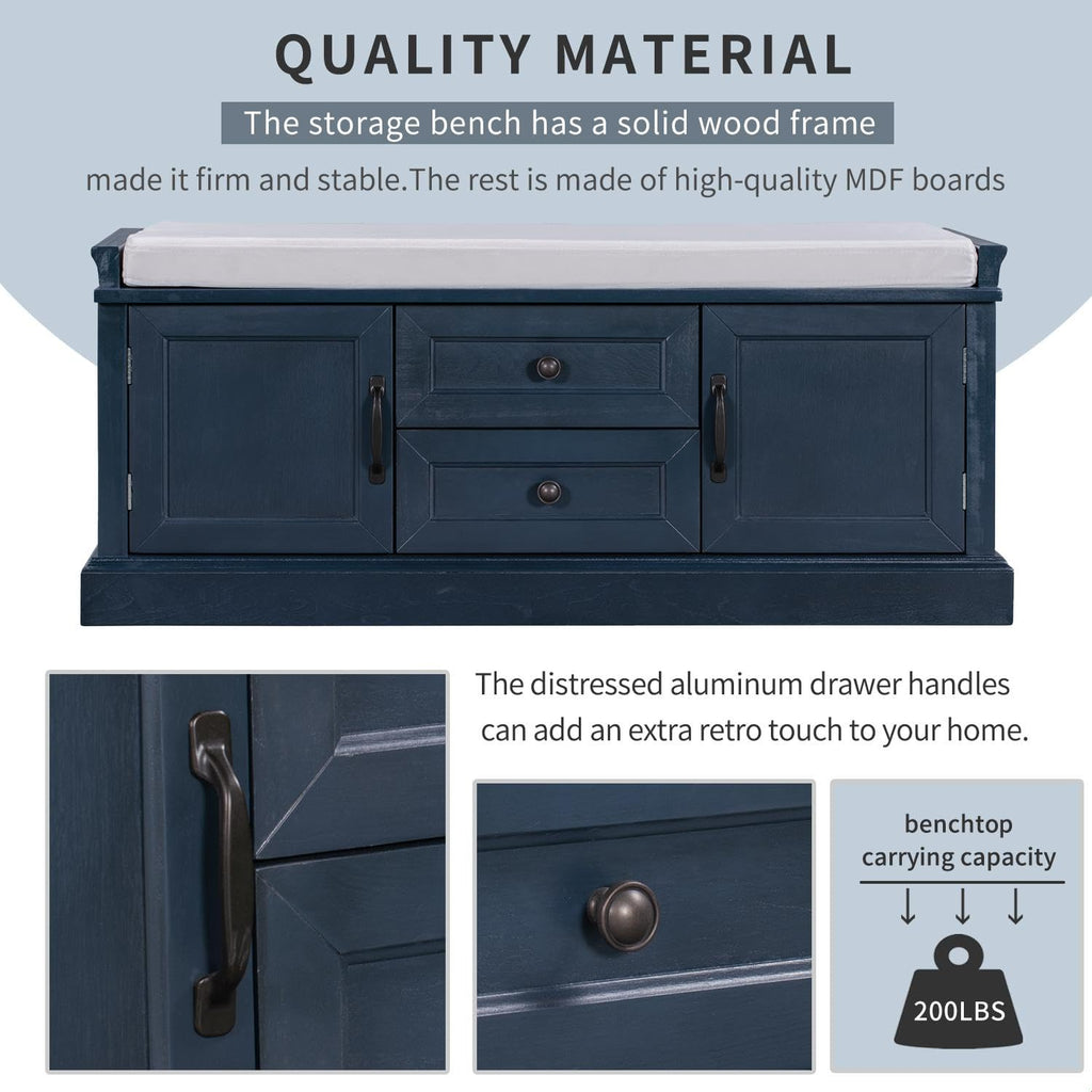 Rustic Storage Bench with 4 Doors 2 Draws Adjustable Shelves Removable Cushion Rectangular Cabinet Foot Rest Stool