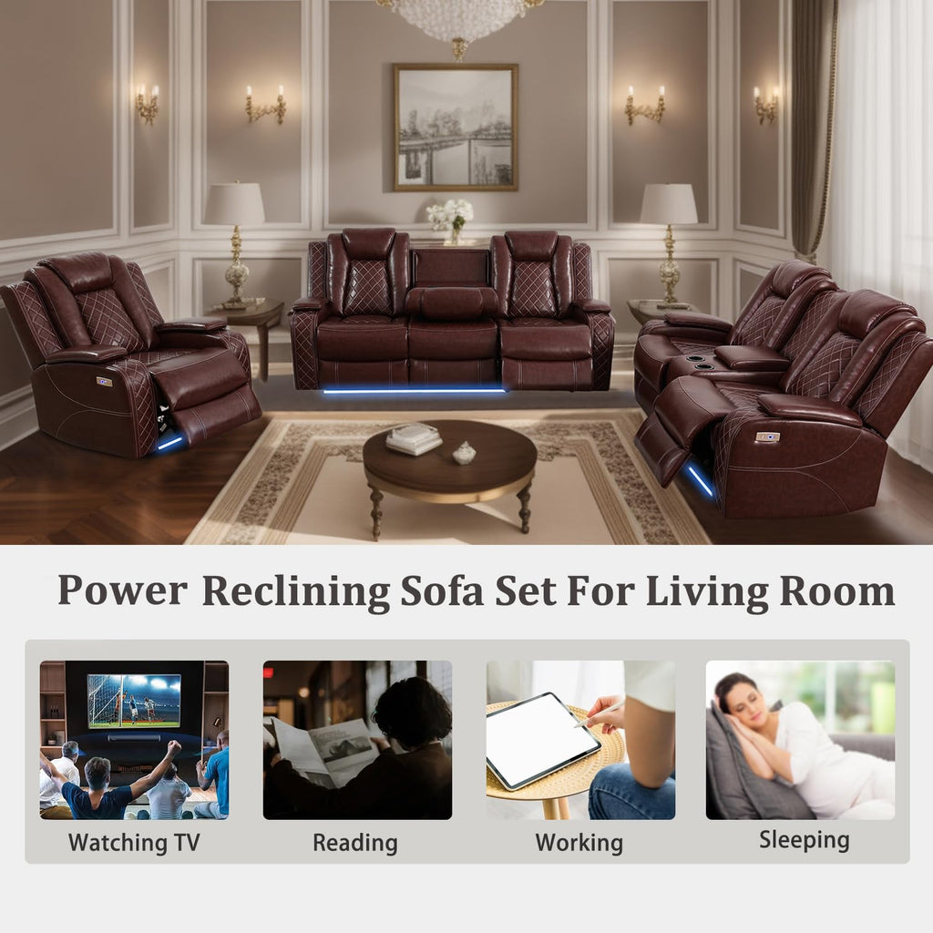 Power Recliner Loveseat, Air Leather Reclining Couch with LED/Cup Holders/Storage, 2-Seater Reclining Sofa, Burgundy