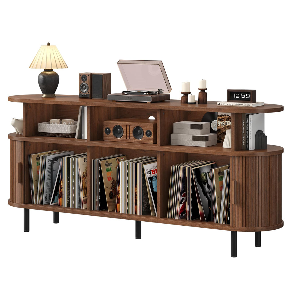 69" Large Round Record Player Stand with Charging Station, Walnut