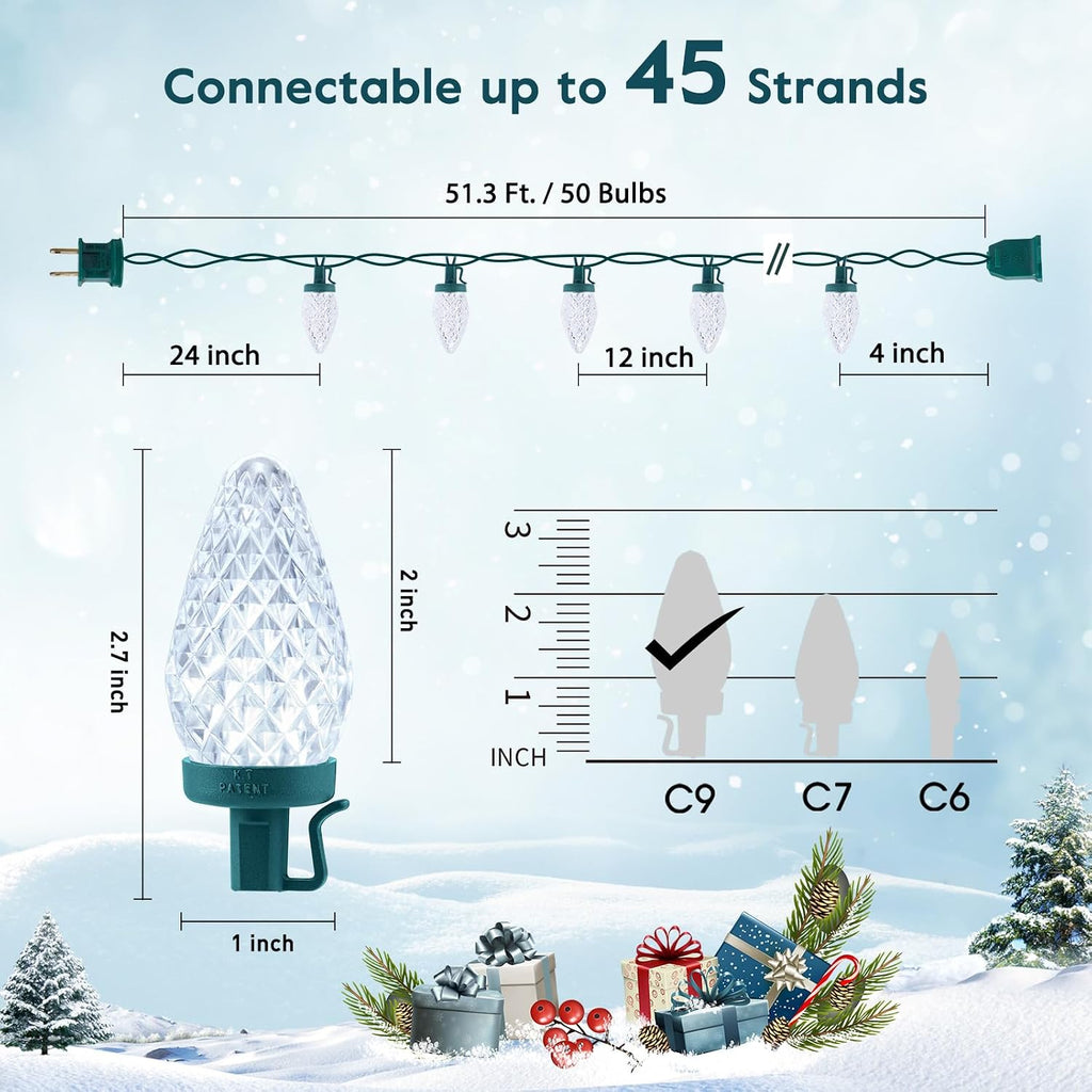49FT 50 LED C9 Christmas Lights Outdoor Waterproof, Pure White