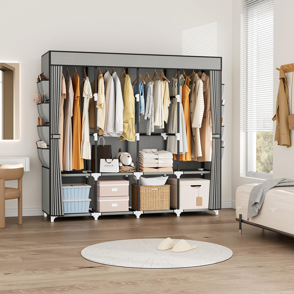 Portable Closet for Hanging Clothes, 67 Inch Wide Portable Wardrobe Closet with Cover, 4 Hanging Rod, Storage Shelves