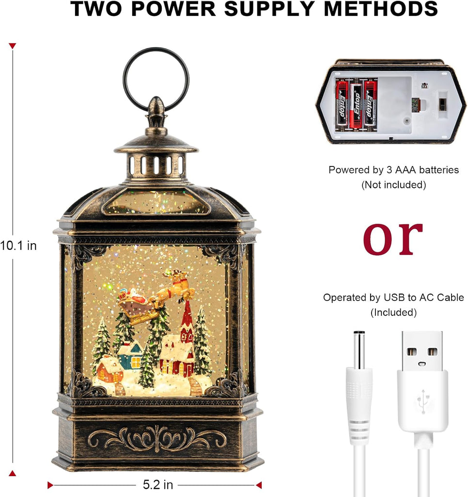 Christmas Snow Globe Lighted Church & Flying Santa Scene, Musical Snow Water Lantern Swirling Glittering Home