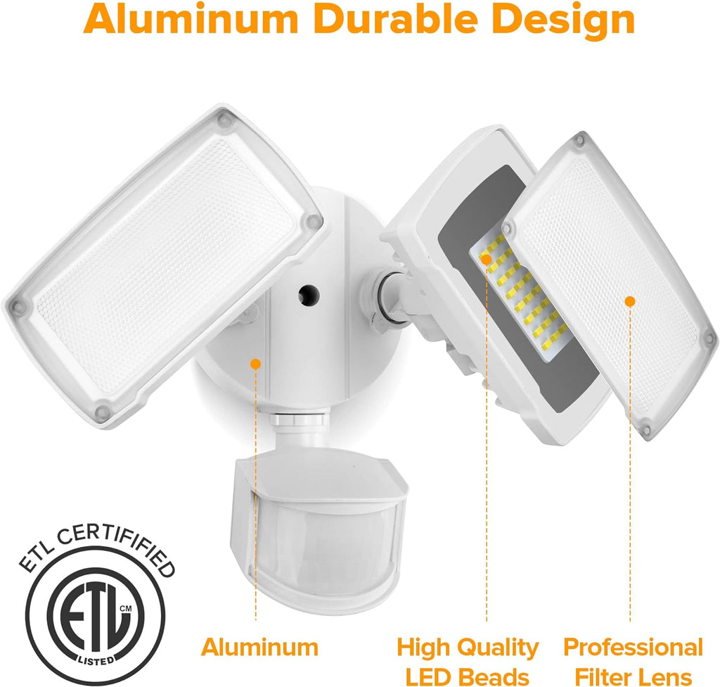 38W 3500 Lumen LED Motion Activated Integrated Dual-Head Floodlight Outdoor with Motion Sensor, 5000K Daylight, Dusk