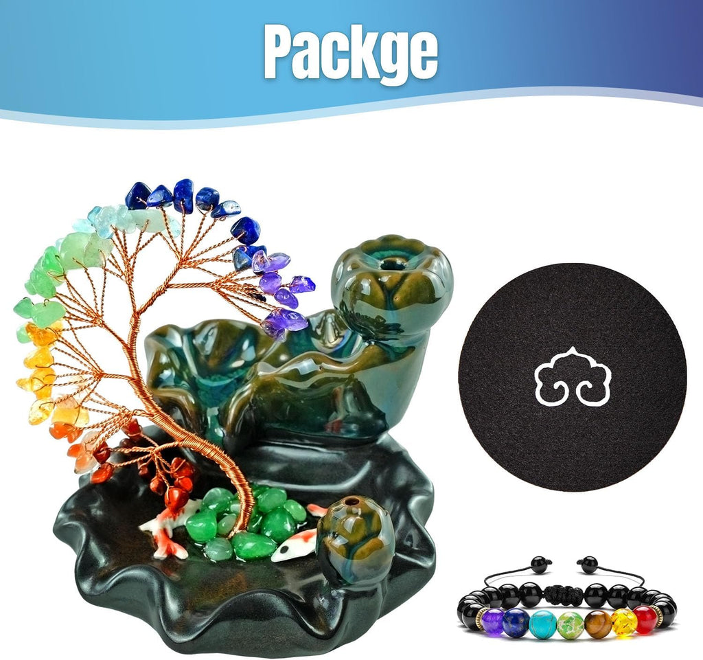 Backflow Incense Burner Ceramic Incense Waterfall Backflow Incense Holder 7 Chakras Gemstone Money Tree Crystal Tree