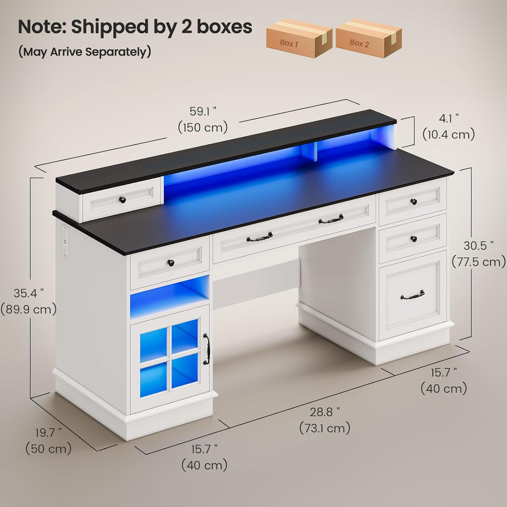 Farmhouse Executive Desk with Drawers Computer Desk with File Drawers, Power Outlet and Led Lights