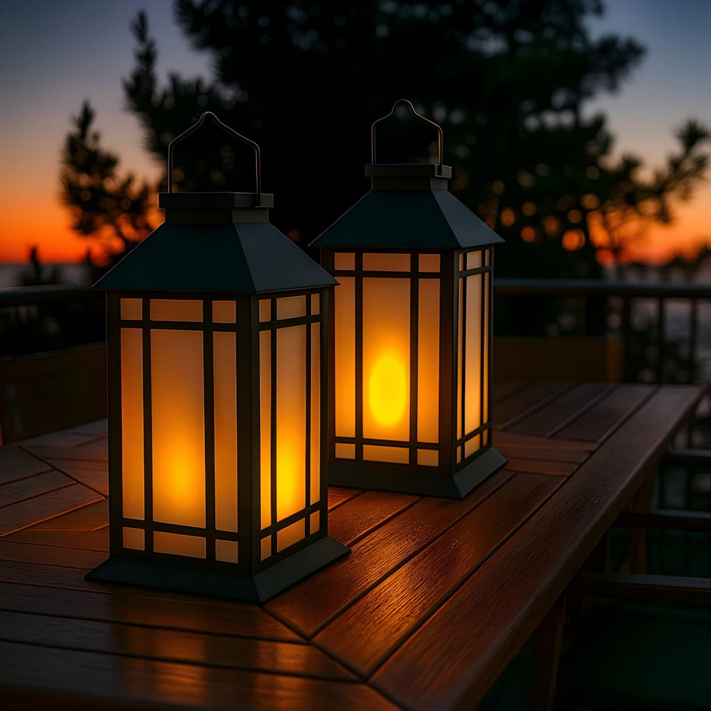 13 Inch Outdoor Decorative Lanterns with LED Candle Timer 2 Pack Black