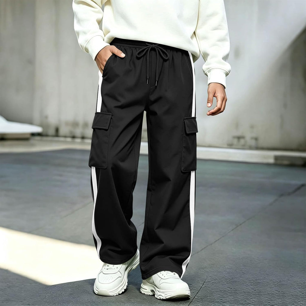 Boys Cargo Pants Baggy Wide Leg Elastic Waist Drawstring Chino Husky Pants