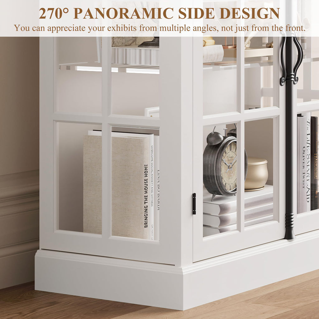 Modern 43" Display Cabinet, Vintage Curio Cabinet with LED Light and Wine Glass Holder, Farmhouse Wine Bar Cabinet