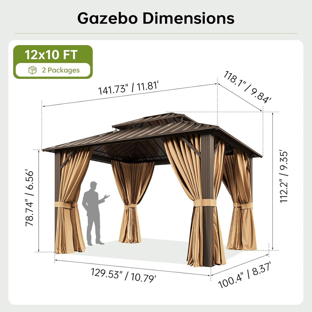 10x12FT Hardtop Gazebo, Metal Frame with Double Galvanized Steel Roof
