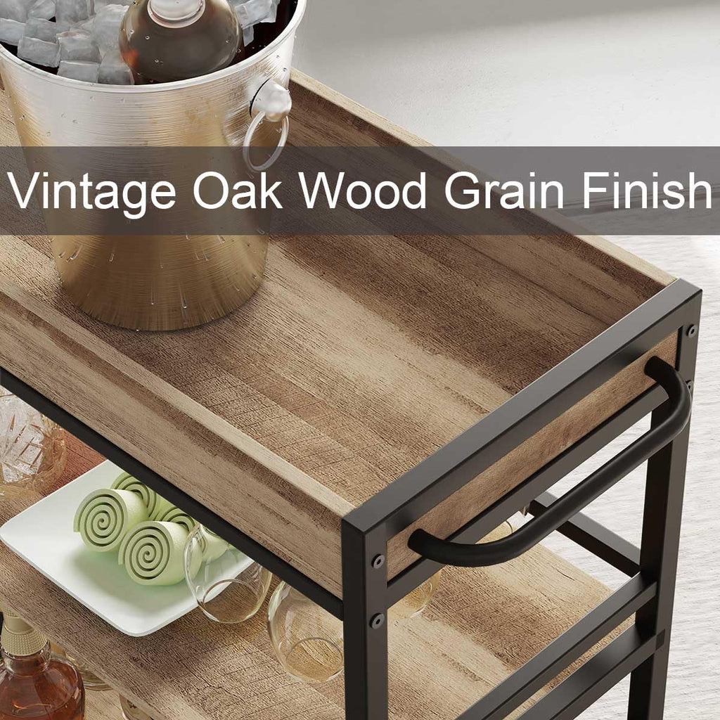 Bar Cart for The Home, Bar Serving Carts on Wheels, 3 Tier Storage Drink Trolley, Rolling Wood and Metal Liquor