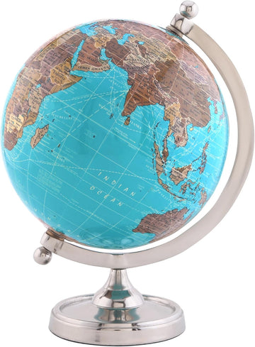 Earth Light Blue Rotating Globe of The World with Silver Stand (NOT PLASTIC!) for Bookcase Shelf Decorative Home Desk