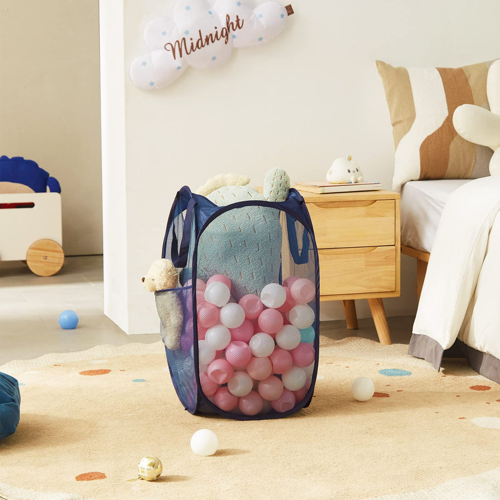 Collapsible Mesh Pop Up Laundry Hamper with Sturdy Handles and Side Pocket - Portable Foldable Clothes Baskets &