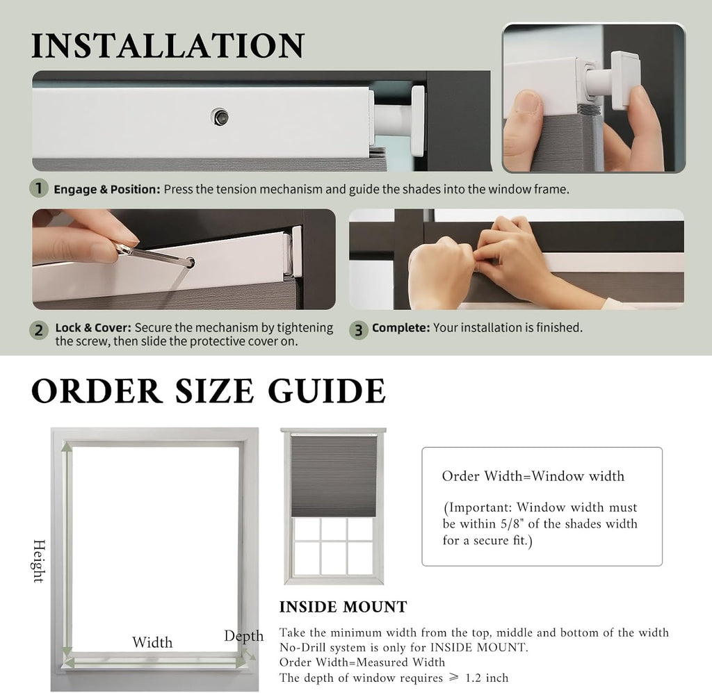 No Drill Cordless Cellular Shades, Blackout, White, 21x48 | Tool-free installation for renters; insulated honeycomb