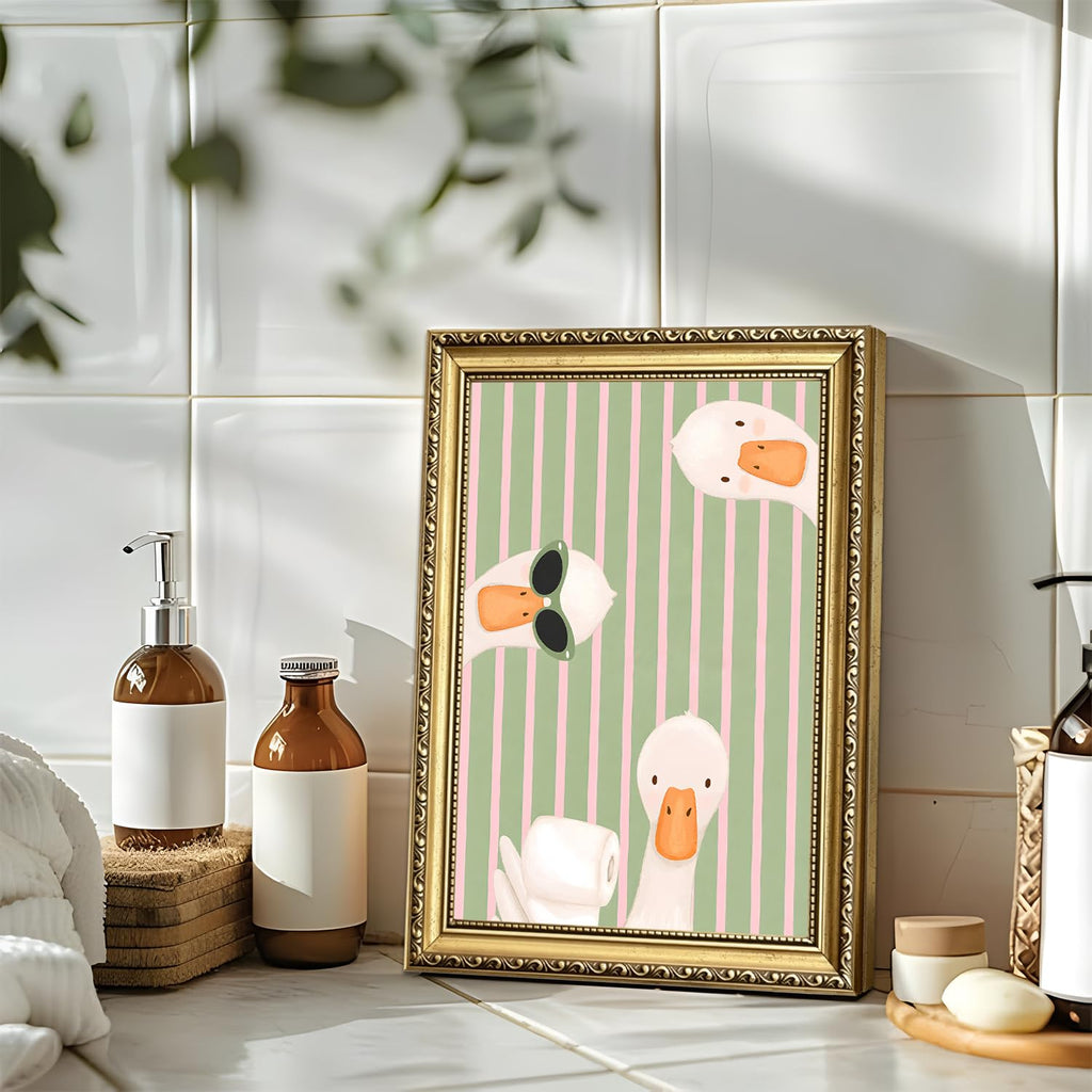Funny Goose Bathroom Wall Art Cute Silly Gooses Toilet Wall Decor Painting, Green Pink Stripes Animal Poster Canvas