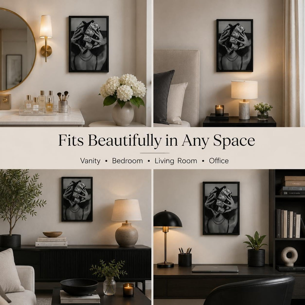 Framed Black and White Fashion Canvas Wall Art Luxury Feminist Picture Wall Decor Trendy Woman with Money on Head