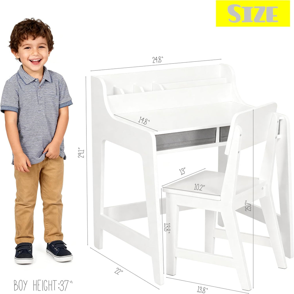 Wooden Kids Desk and Chair Set with 2 Fabrics Drawers for Study Room